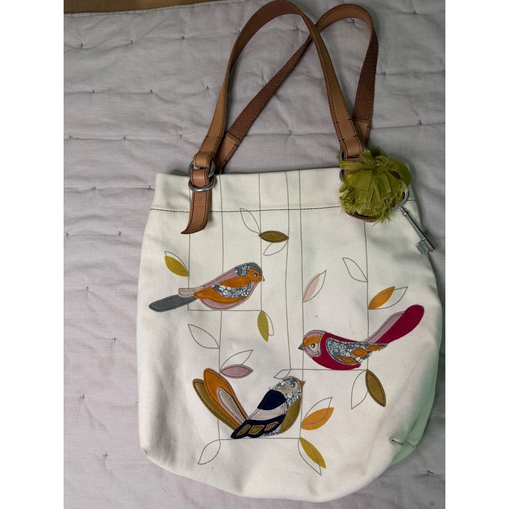 Fossil Canvas Bird Embroidered Tote‎ Bag Cream Leather Trim Key Charm Tassel
